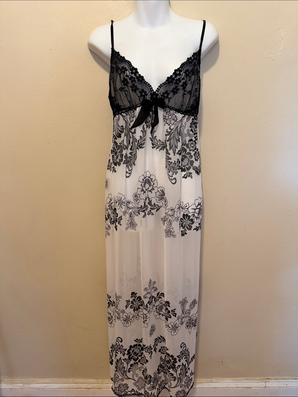 In Bloom Sheer Floral Lace Maxi Chemise in Black and White
